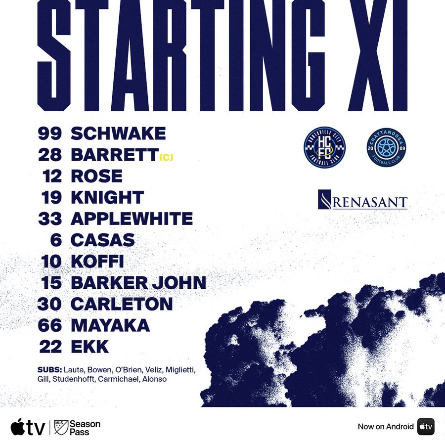 Blue and white graphic displays Starting XI text at top with player numbers and names listed vertically: 99 Schwake in white jersey, 28 Barrett in yellow, 12 Rose, 19 Applewhite, 6 Casas, 10 Koffi, 15 Barker John, 36 Mayaka, 5 Ekk; bottom shows sponsor logos for Huntsville City FC, HB, and Renasant Bank; Apple TV MLS Season Pass logo and Now on Android TV text visible.