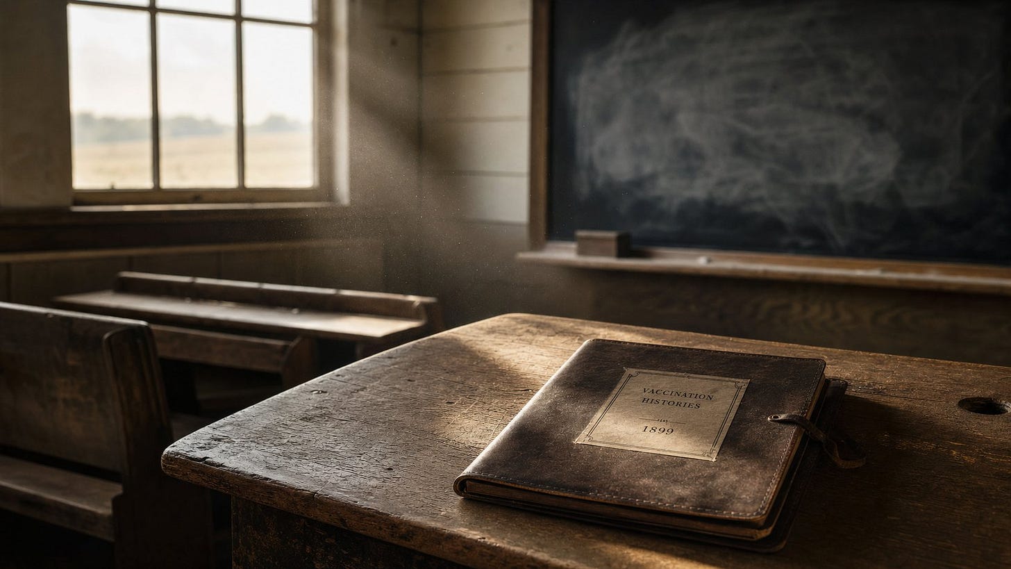 Amish schoolhouse desk with a leather folder labeled Vaccination Histories 1899