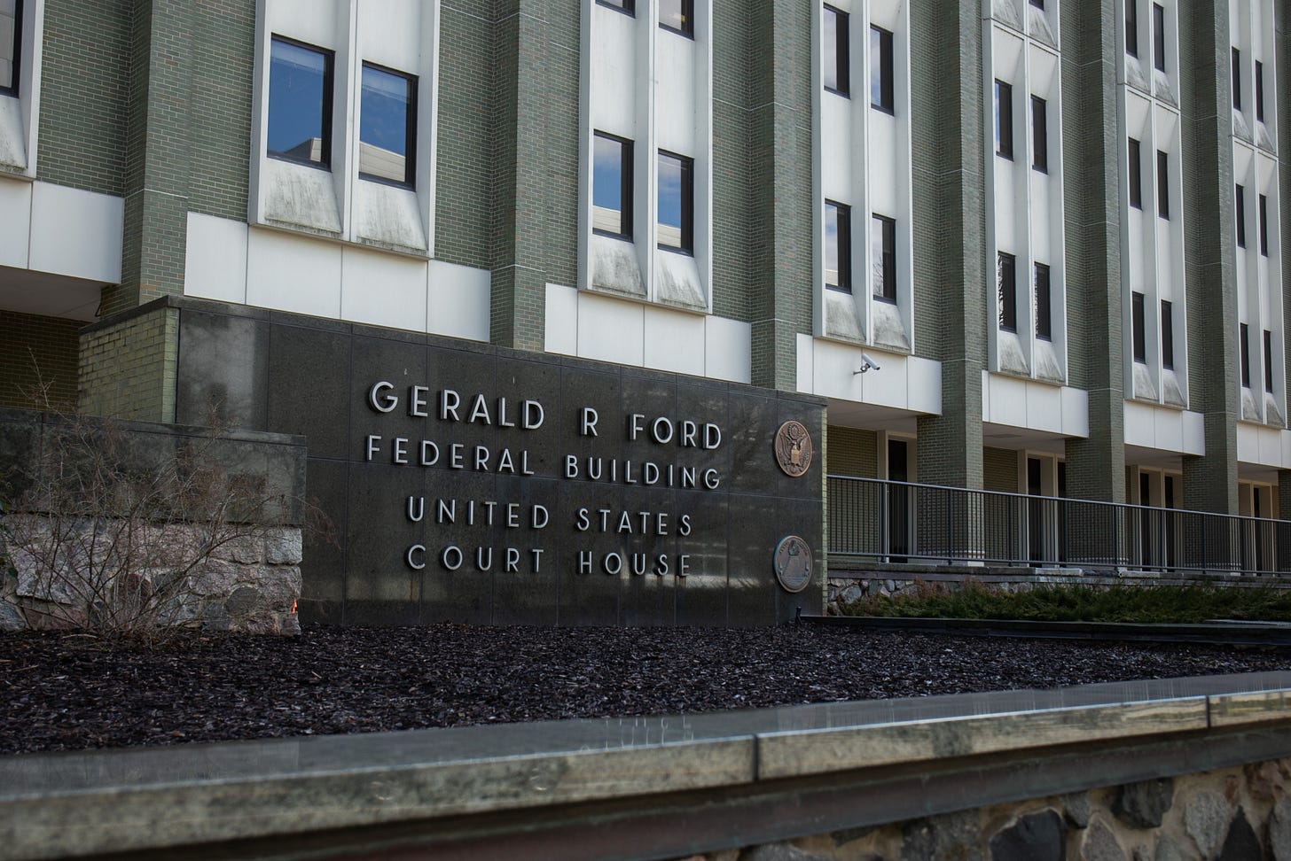 The Gerald R. Ford Federal Building and Courthouse in Grand Rapids on Wednesday, April 6, 2022. Inside the courthouse, a jury deliberates for a third day at a trial against defendants in an alleged plot to kidnap Gov. Gretchen Whitmer. (Daniel Shular | MLive.com)