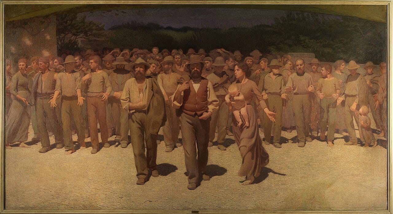 A crowd of workers advancing across a huge canvas A crowd of workers advancing across a huge canvas