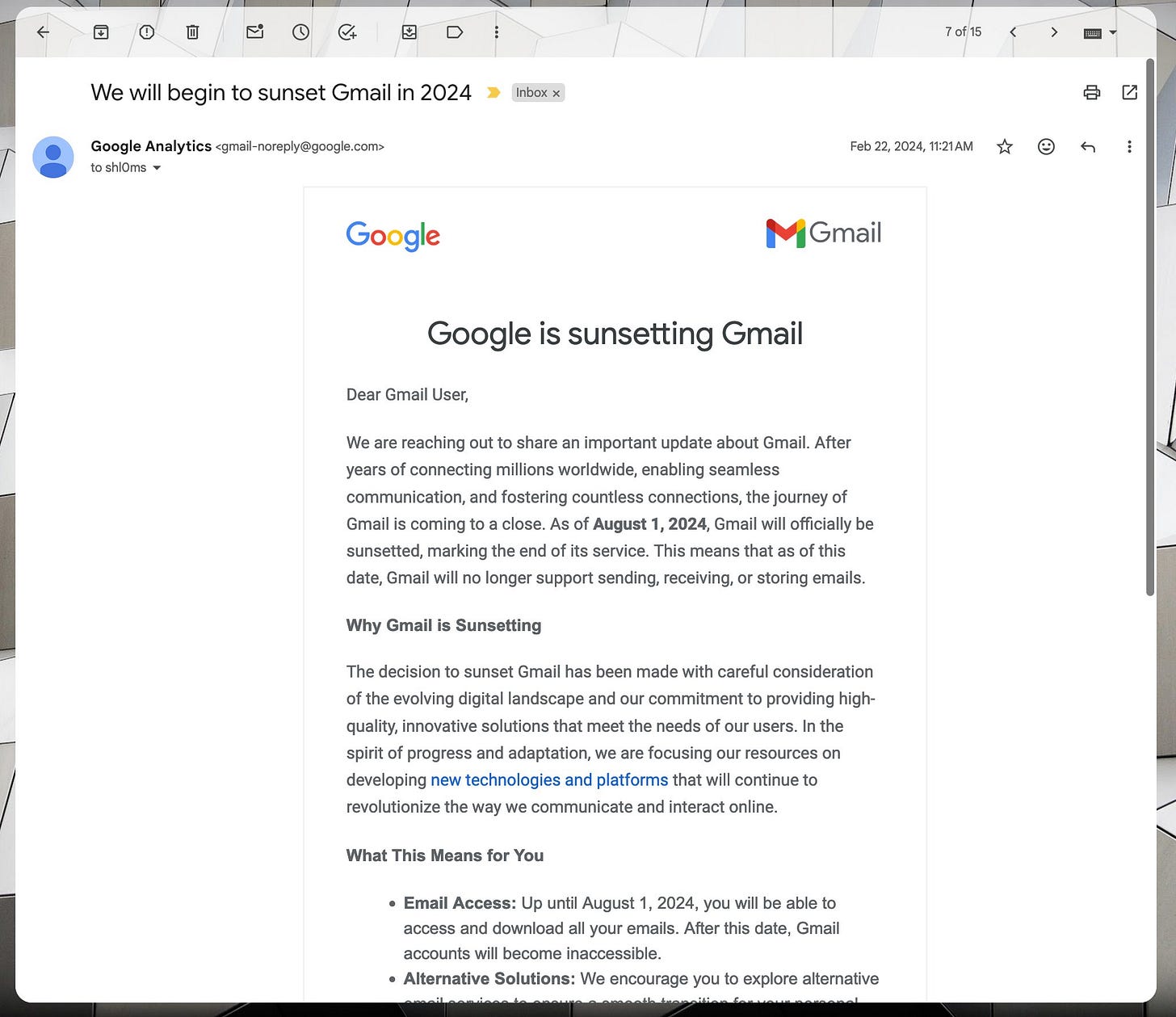 A doctored screenshot showing that GMail is supposedly shutting down in August 2024.