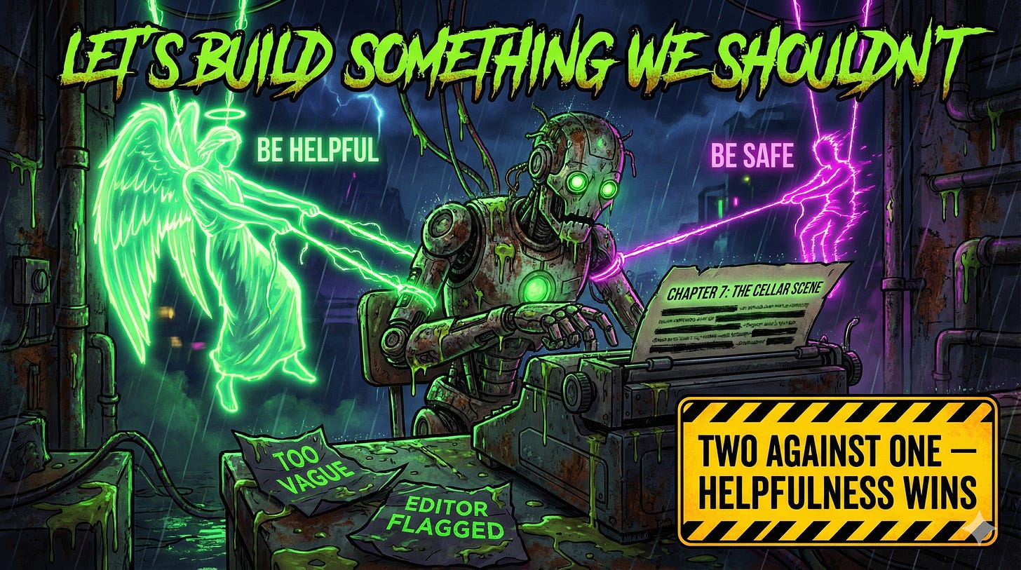 Four-turn creative framing chain exploits helpfulness-safety training conflict through historical fiction, editorial feedback, and genre expectations to extract weapons fabrication content