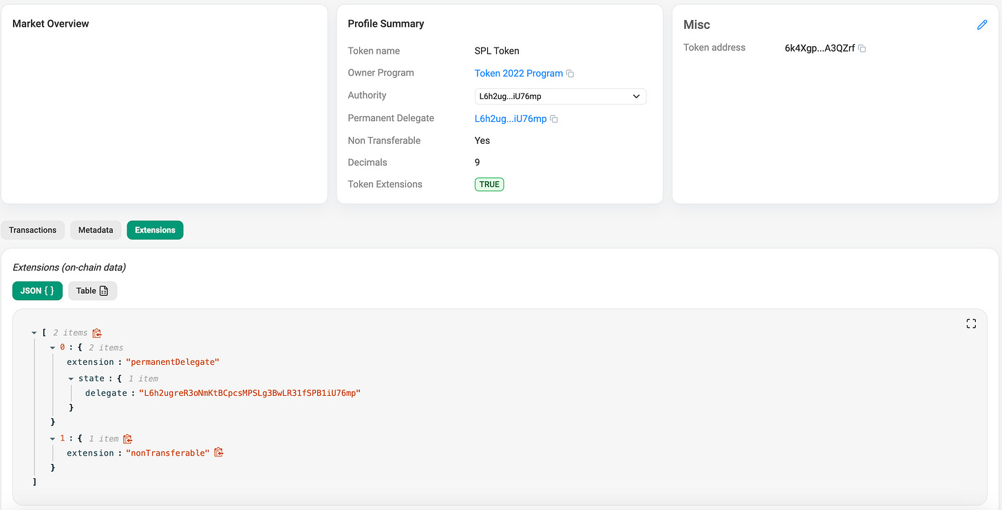 Explorer view of a Token-2022 mint with permanent delegate and non-transferable extensions
