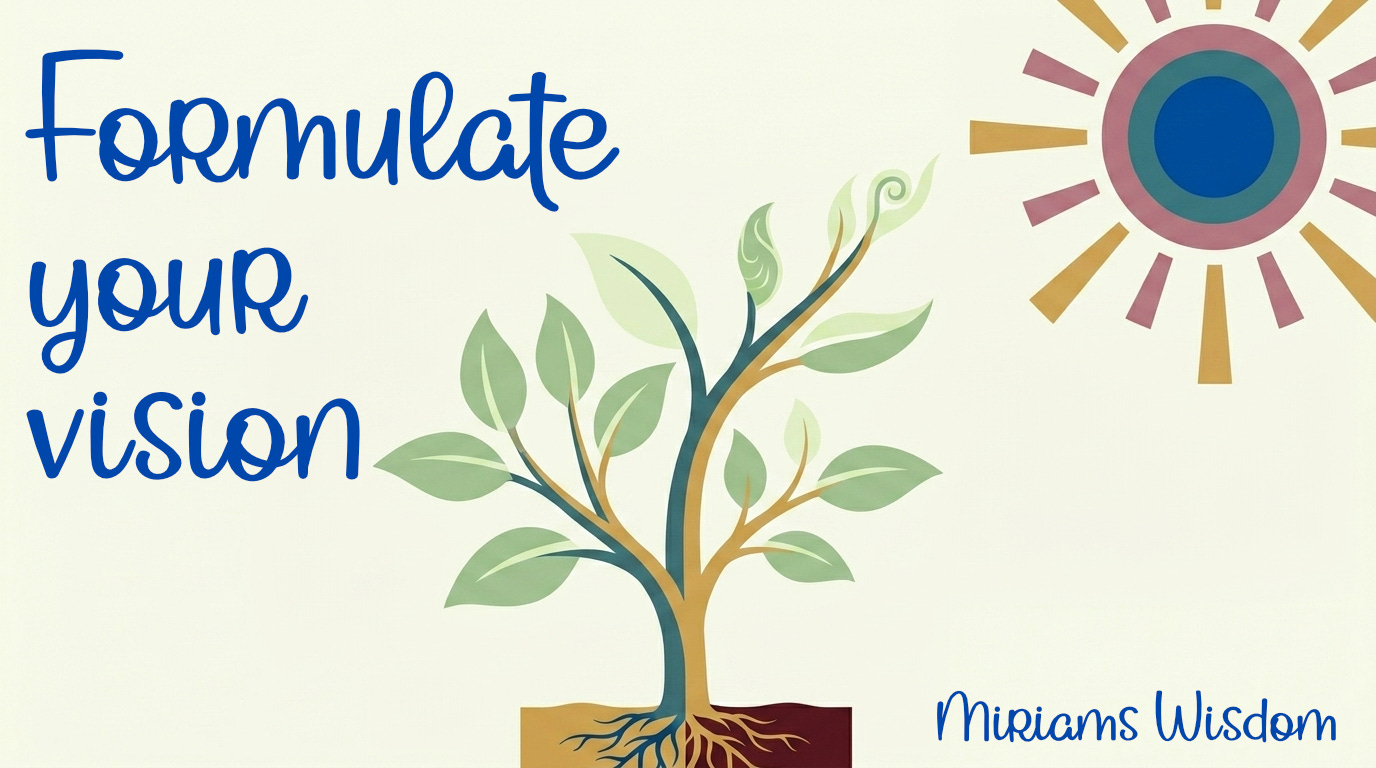 A tree has grown from a seedling to a juvenile, with firm roots and a strong trunk. It is now turning toward the stylized sun and growing to it. Text reads "Formulate your vision." A tree has grown from a seedling to a juvenile, with firm roots and a strong trunk. It is now turning toward the stylized sun and growing to it. Text reads "Formulate your vision."