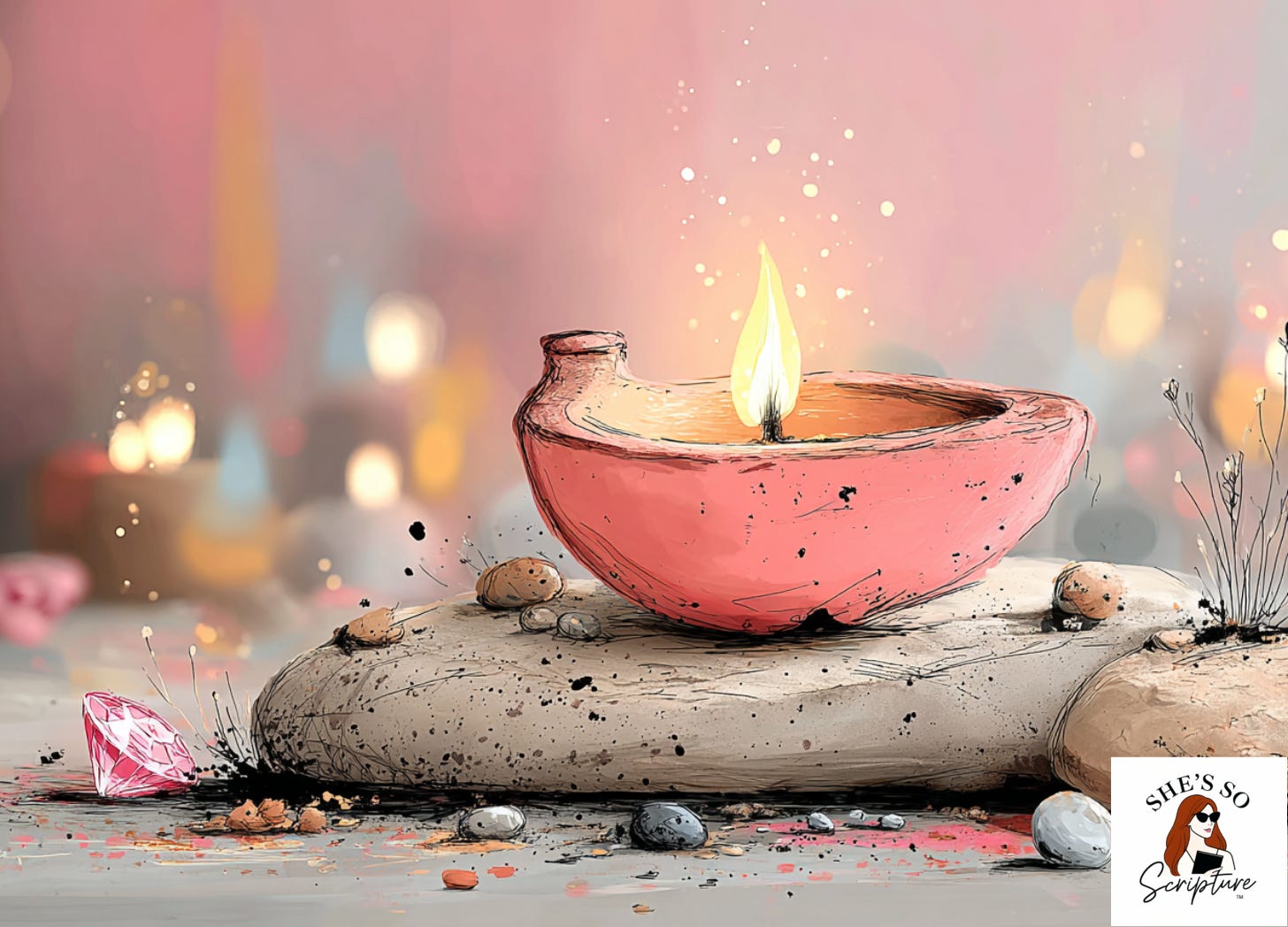 A glowing clay oil lamp rests on rough stone surrounded by earth and uncut diamonds, casting warm golden light against a deep plum background. A glowing clay oil lamp rests on rough stone surrounded by earth and uncut diamonds, casting warm golden light against a deep plum background.