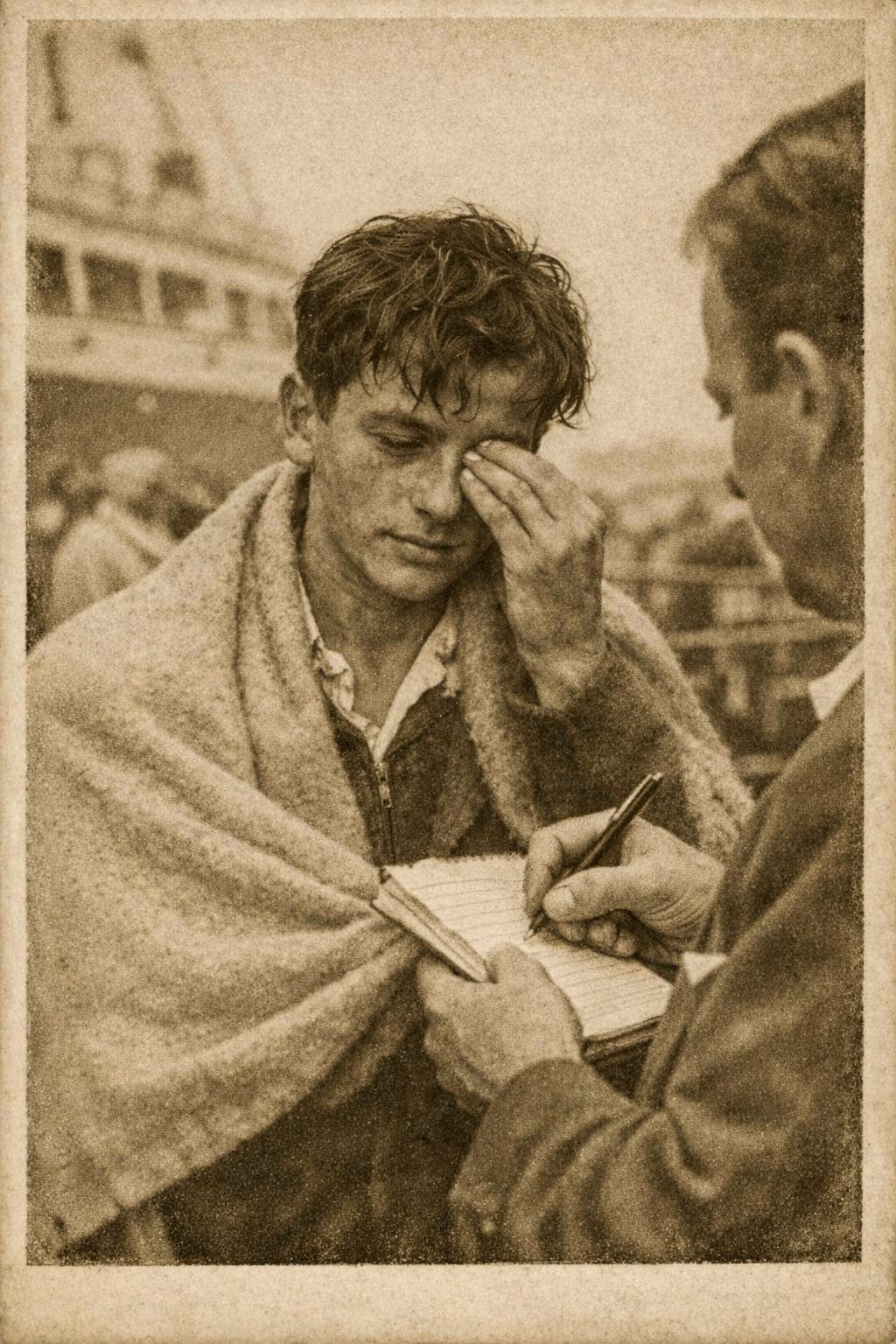 Stylized image of a newspaper photo of 17 year old interviewing upon landing in NY