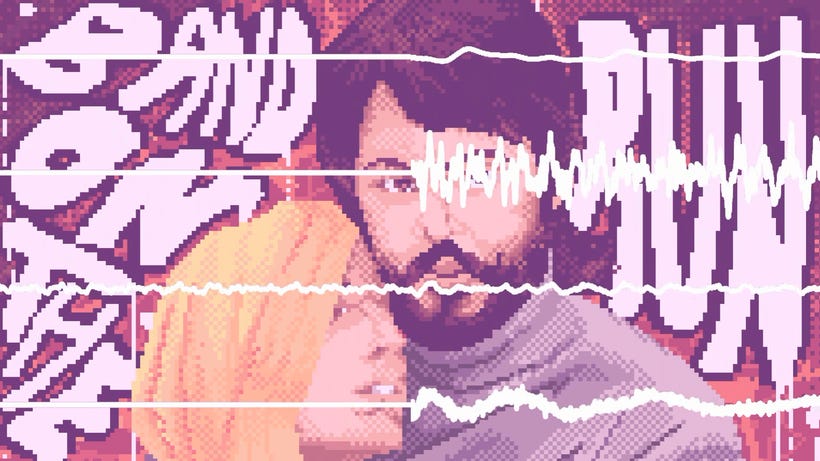 A beautifully drawn pixel art version of a Wings promo photo featuring Paul McCartney and a young woman