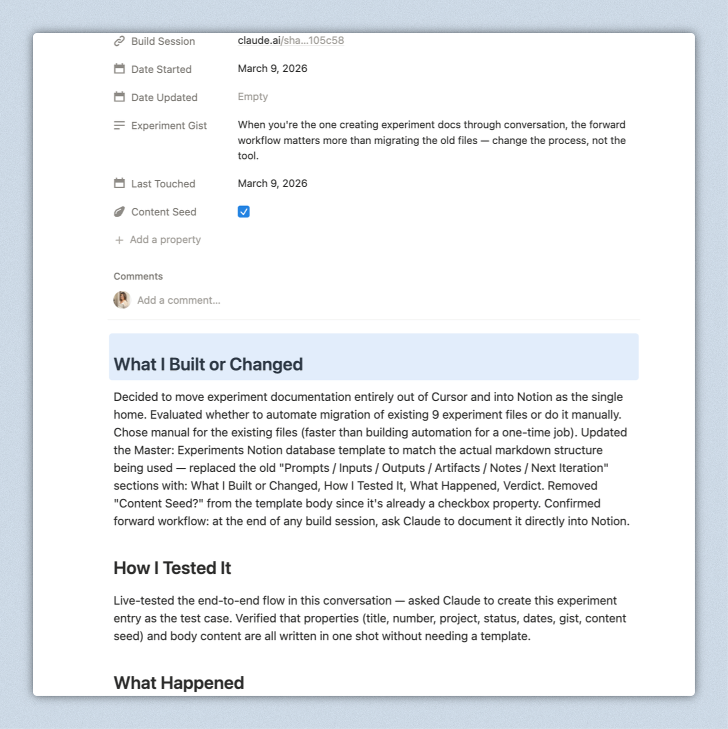 Screenshot of the Master: Experiments Notion database showing the updated template sections