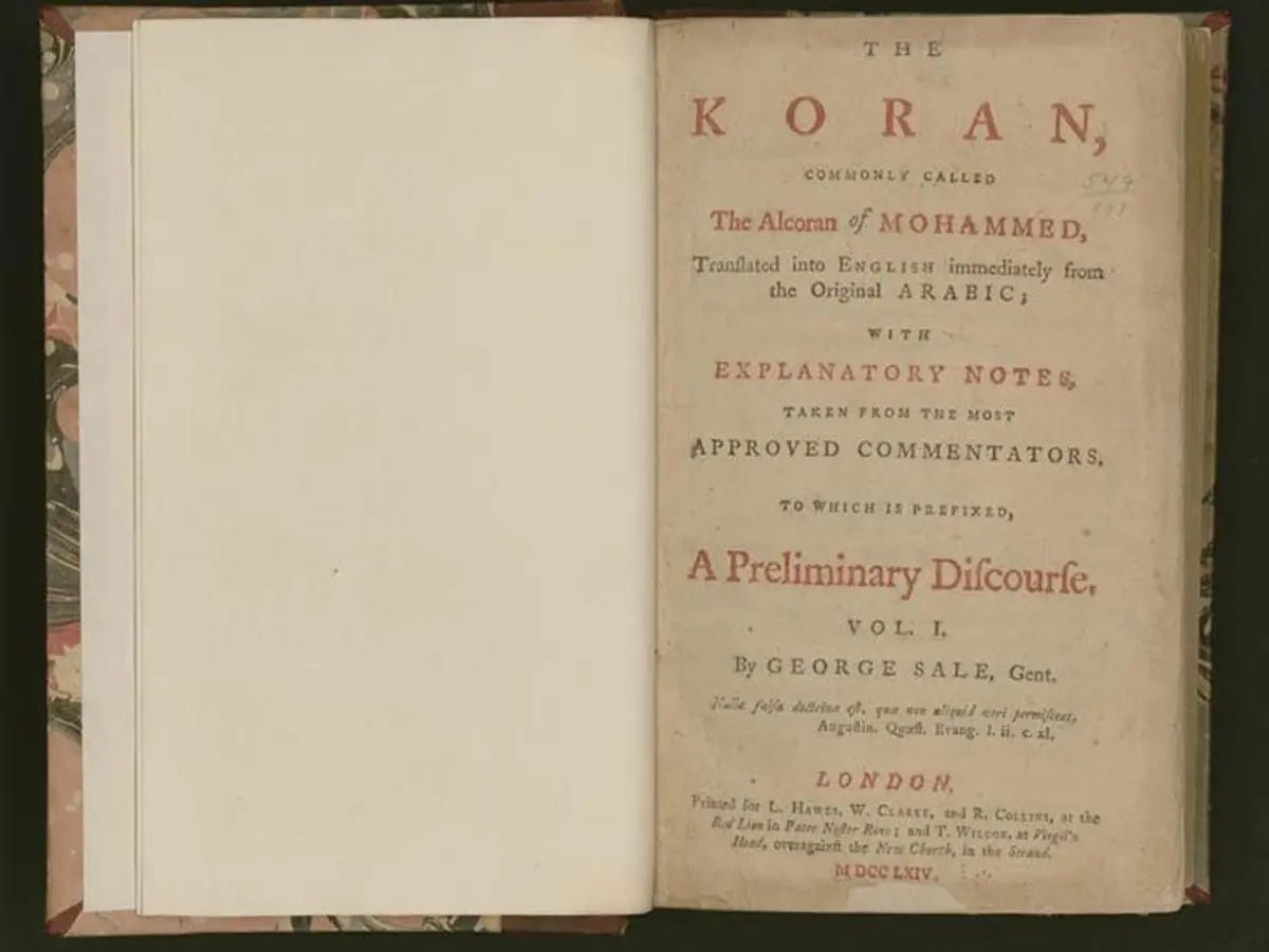 Title pages of a copy of the Koran owned by Thomas Jefferson.