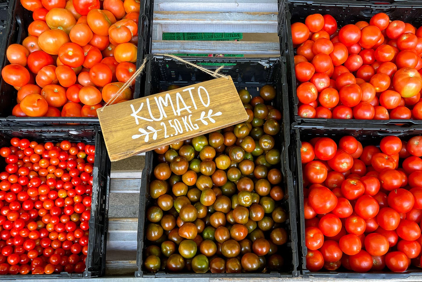 Verschiedene Tomatensorten liegen in schwarzen Kisten nebeneinander auf einem Marktstand. In der Mitte sind dunkelbraun-grüne Kumato-Tomaten mit einem Holzschild «KUMATO 2.50 KG» ausgezeichnet, daneben leuchten hellrote und rote Tomaten verschiedener Grössen. Links unten sind kleine runde Cocktailtomaten zu sehen. Verschiedene Tomatensorten liegen in schwarzen Kisten nebeneinander auf einem Marktstand. In der Mitte sind dunkelbraun-grüne Kumato-Tomaten mit einem Holzschild «KUMATO 2.50 KG» ausgezeichnet, daneben leuchten hellrote und rote Tomaten verschiedener Grössen. Links unten sind kleine runde Cocktailtomaten zu sehen.