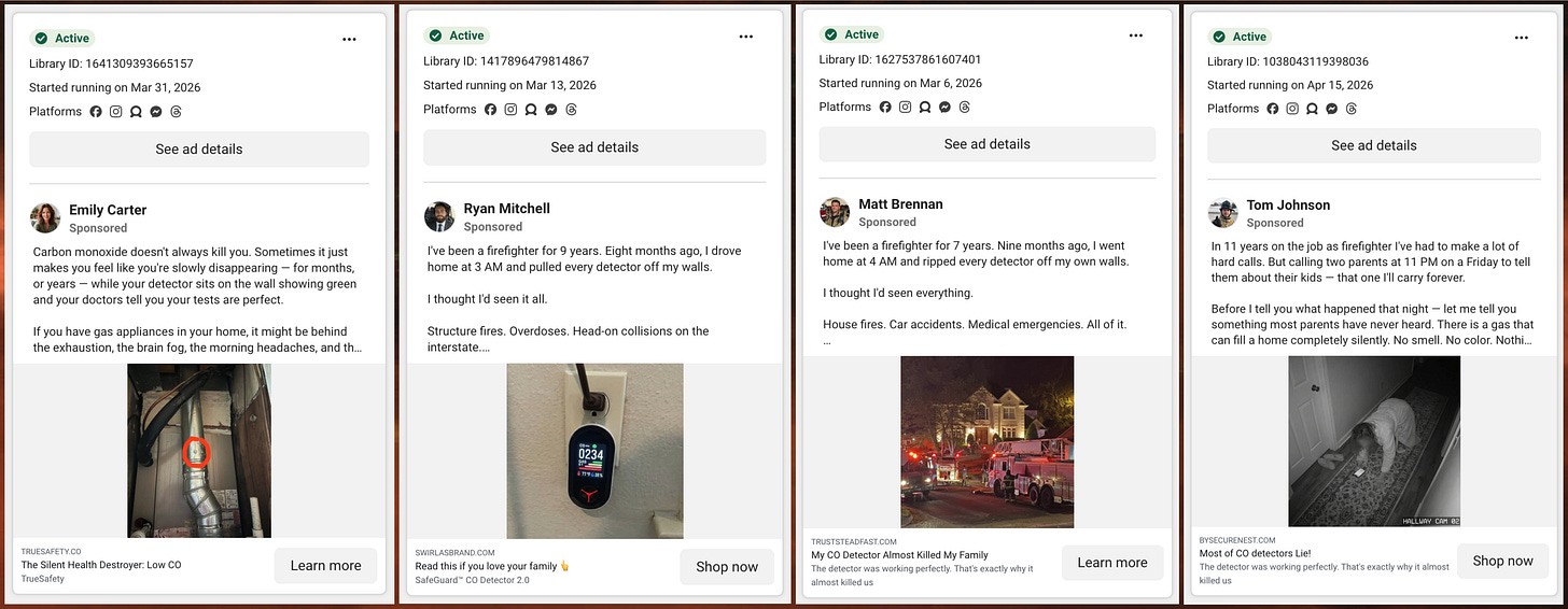 examples of carbon monoxide detector ads from the spam network with links to websites other than trydewlora(dot)com