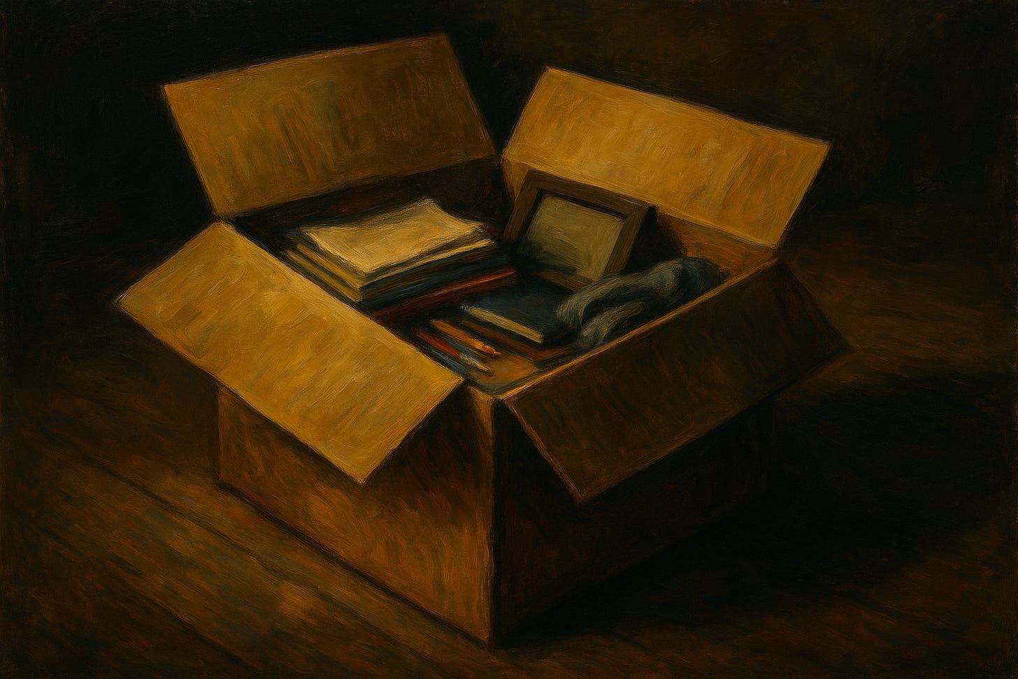 A surreal oil painting of a sturdy, realistically shaped cardboard box sitting on a dimly lit floor. Its flaps are open wide, revealing a dense mix of personal items inside: stacked papers, notebooks, colorful pens, a folded scarf, a ceramic mug, and a face-down photo frame. Deep amber and brown tones create a heavy, ominous atmosphere, with soft, directional light casting long shadows from the box. Thick, textured brushstrokes give the objects weight and emotional gravity, as if the box holds the last traces of someone who vanished abruptly.