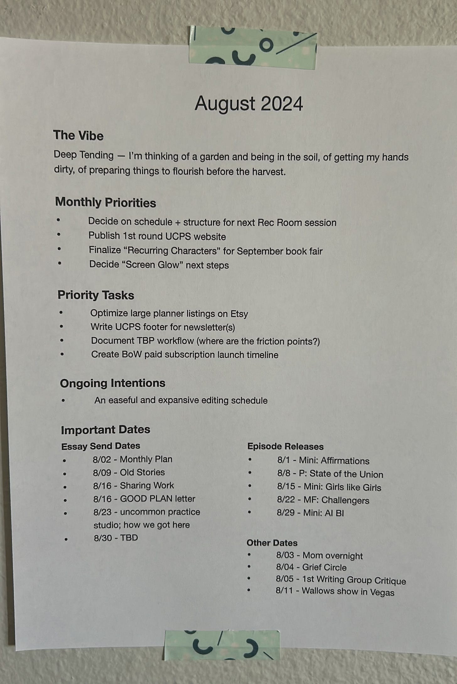 Picture of Evan's monthly overview for August 2024 on their wall