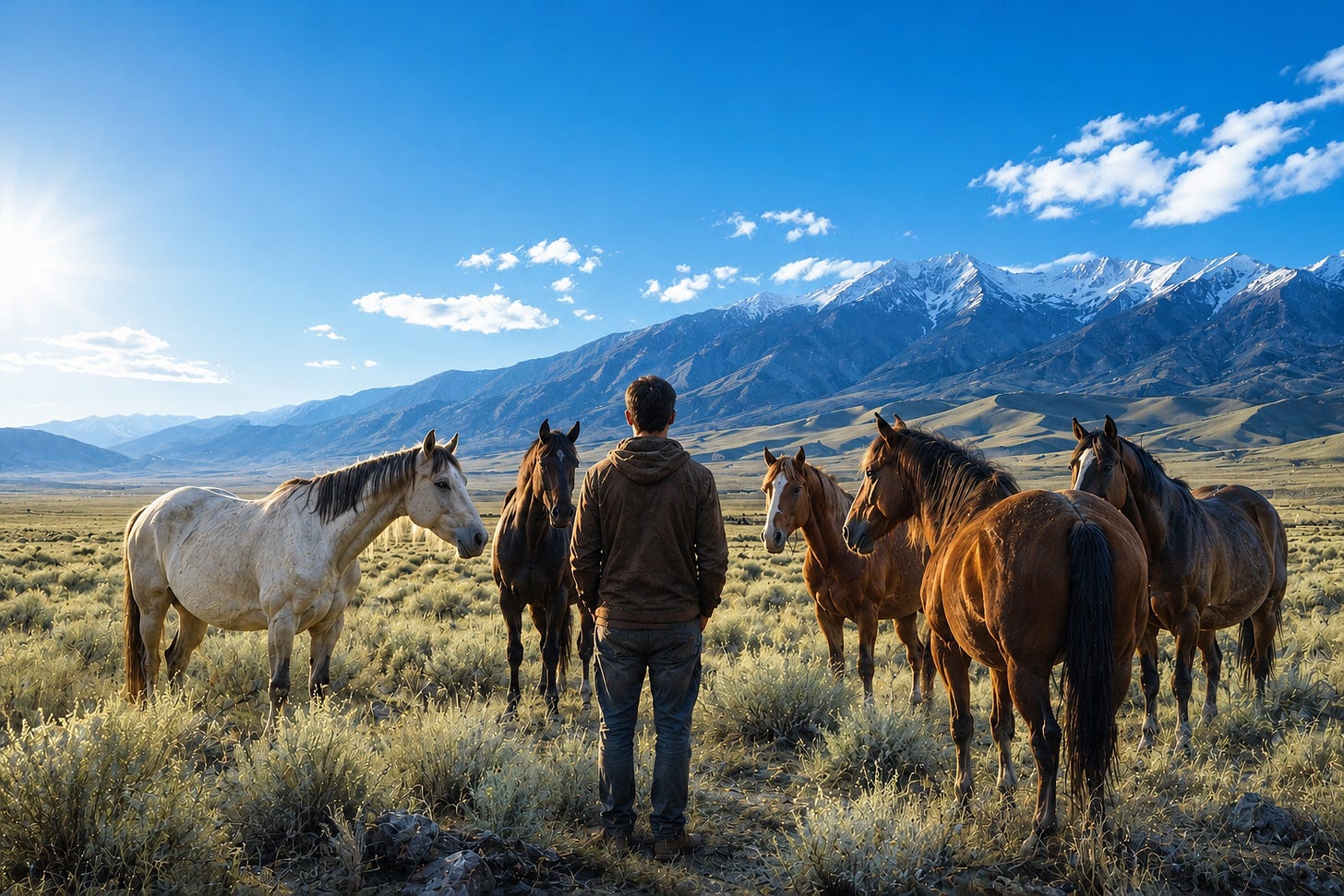 A man standing with a small herd of horses in the valley of mountains. A man standing with a small herd of horses in the valley of mountains.