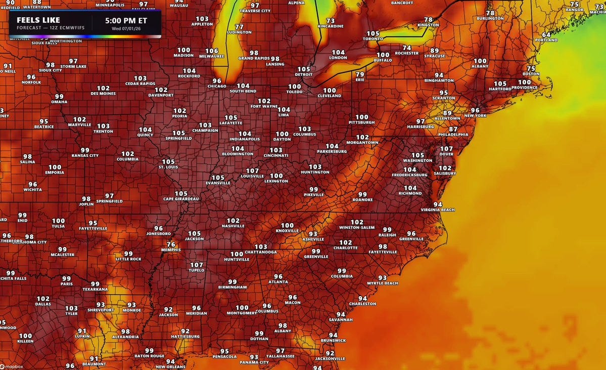 Extremely high temperatures throughout the midwest, in the 90s and 100s