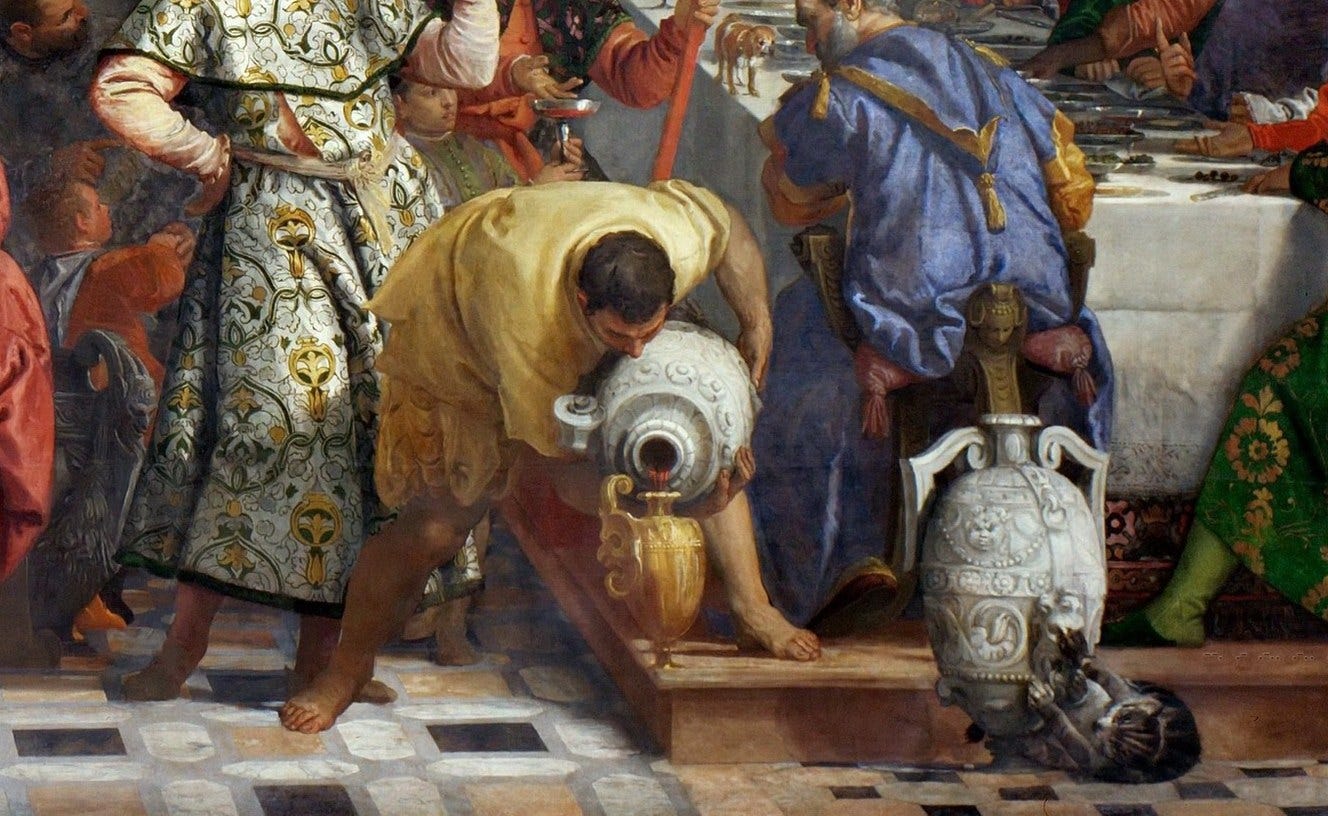 Detail of the lower right corner of the Wedding at Cana: a barefoot servant in a yellow tunic tipping a carved white marble jar and pouring dark red wine into a gold vessel, with a striped cat clawing a second jar Detail of the lower right corner of the Wedding at Cana: a barefoot servant in a yellow tunic tipping a carved white marble jar and pouring dark red wine into a gold vessel, with a striped cat clawing a second jar