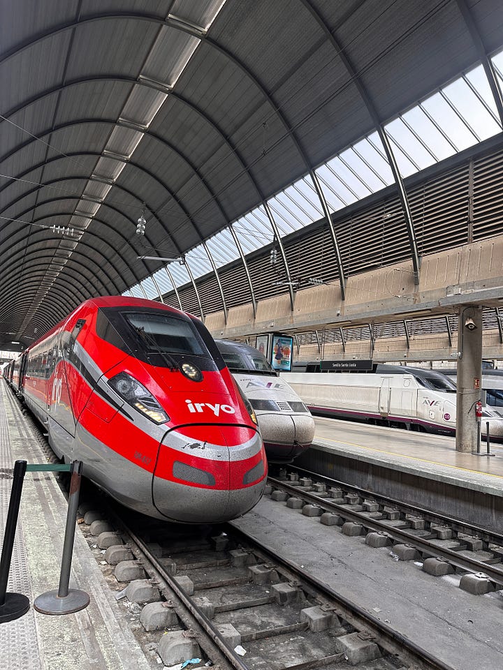 A picture of a red iryo train and a picture of what it looks like inside