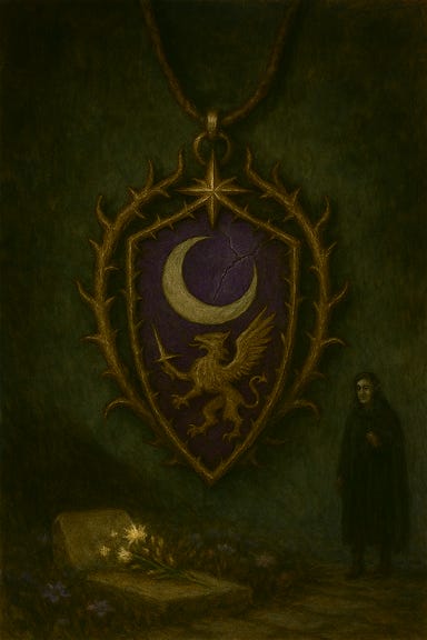 A dark fantasy image of the Twilight Crest, a mystical emblem given by Strahd to Clarion. The crest is shaped like a stylized bat-winged shield, forged from blackened silver and etched with intricate filigree. At its center glows a faint violet gem, pulsing with twilight energy. The wings curve upward like a protective shroud, and the edges are rimmed with thorn-like accents. The background is a velvet cloth in deep burgundy, with candlelight casting soft shadows and glints on the metal. No characters are present in the image.