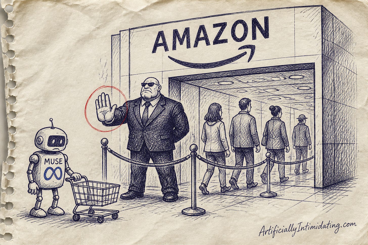 A hand-drawn illustration of a burly bouncer outside a giant Amazon storefront holding his palm out to a small shopping robot labeled Muse with a Meta mark on its chest, while human shoppers walk past the velvet rope inside.