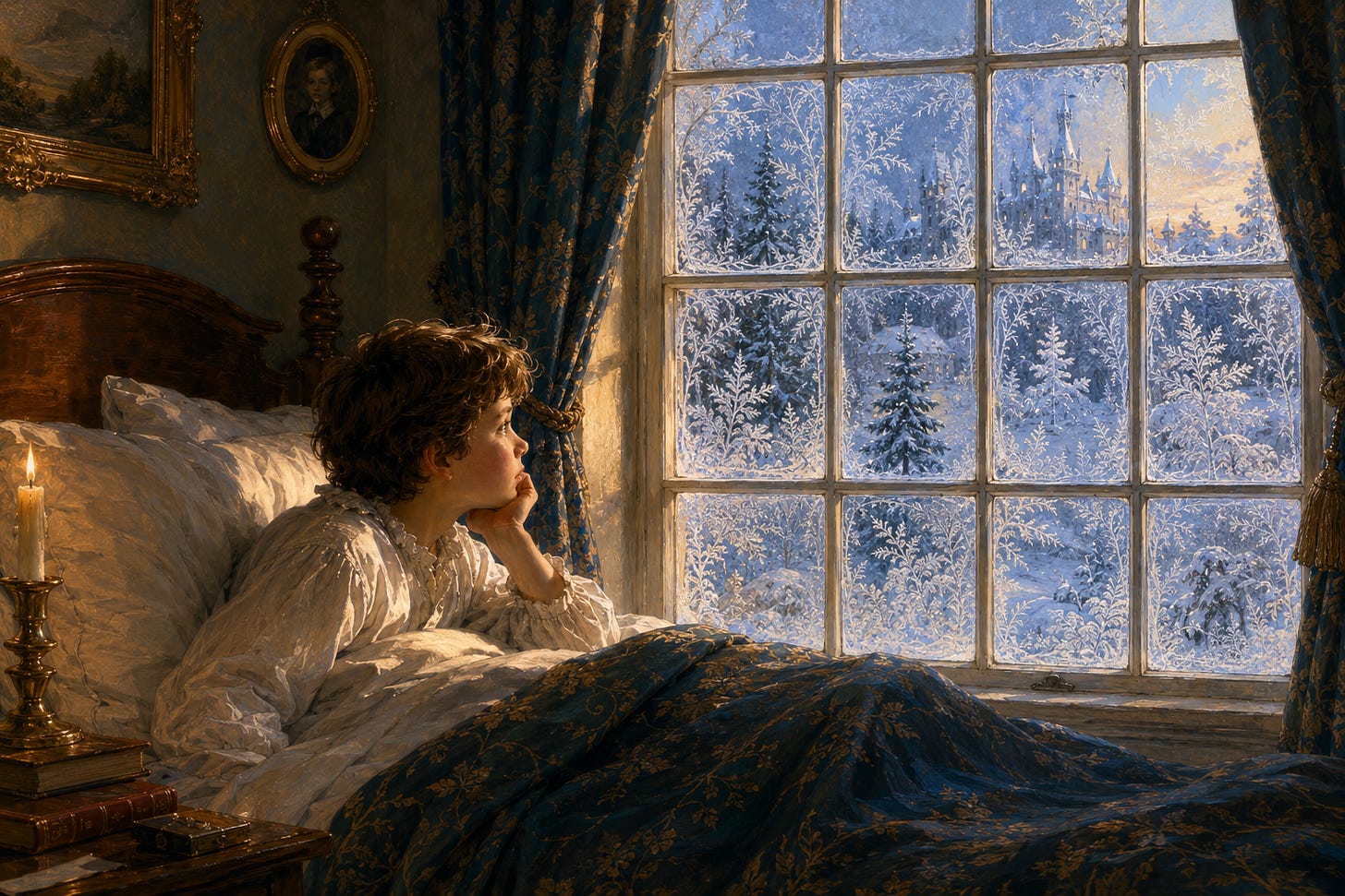 Little Claude in bed, looking at the frost pictures on his window