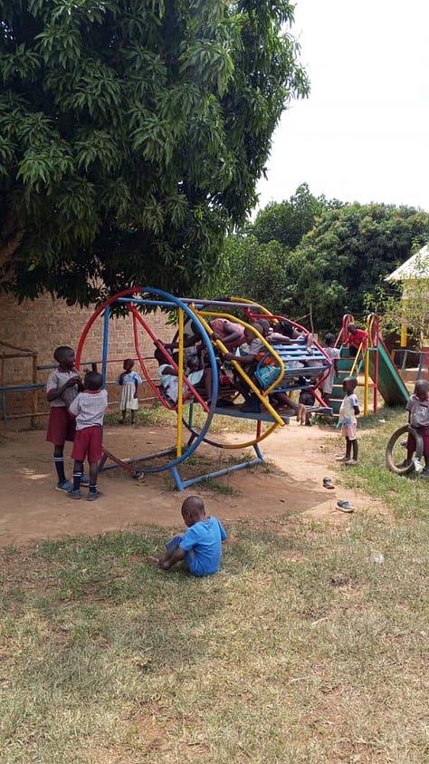 Children in Uganda playing on a playground, kids walking to class at Ebenezer Junior School, and students studying at their desks at EJS