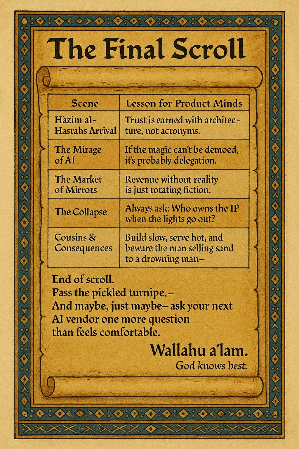The Final Scroll: Lessons for Product Minds The tale ends where wisdom and mirage meet; ask the question, serve the bread— remember: one more question could save you from building tomorrow’s regret.