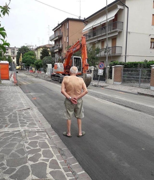 Umarell” is a folk term in Italy referring specifically to men of  retirement age who pass the time watching construction sites, especially  roadworks - stereotypically with hands clasped behind their back and