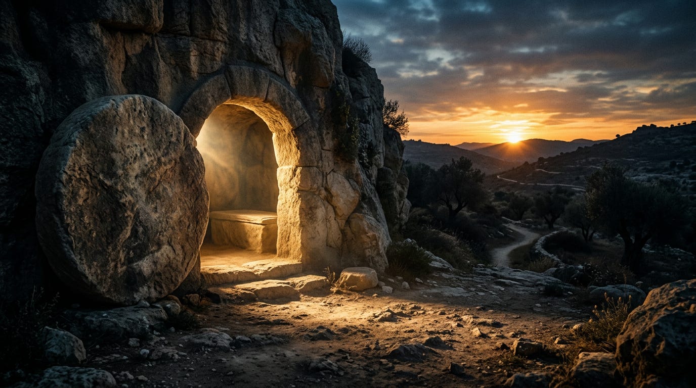 A large, round stone is rolled away from the entrance of an empty, ancient stone tomb. Warm, golden light glows from within the dark tomb, spilling out onto the ground at sunrise.