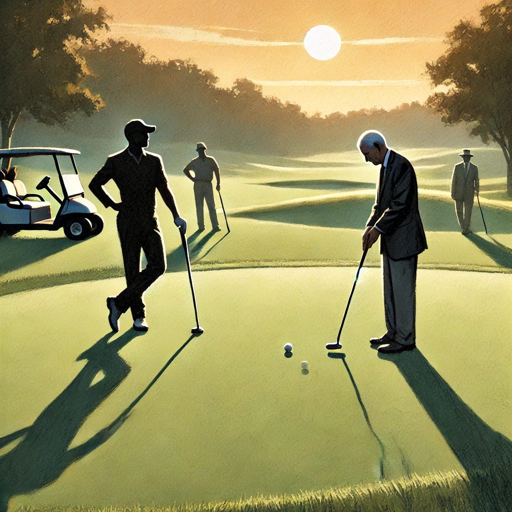 A serene golf course in Virginia during an early morning sunrise, with two former presidents depicted in a simplified, abstract style. One is Black and one is white, dressed in modern golfing attire, standing near a putting green. Their caddies stand in the background, slightly blurred, keeping a respectful distance. The Black president is leaning on a putter, gazing thoughtfully into the distance, while the white president stands near the hole, having just sunk a putt. The scene is bathed in soft, warm light, with long shadows stretching across the manicured grass. The composition is rendered in a simple, computerized watercolor style, with soft, blended colors and gentle textures.