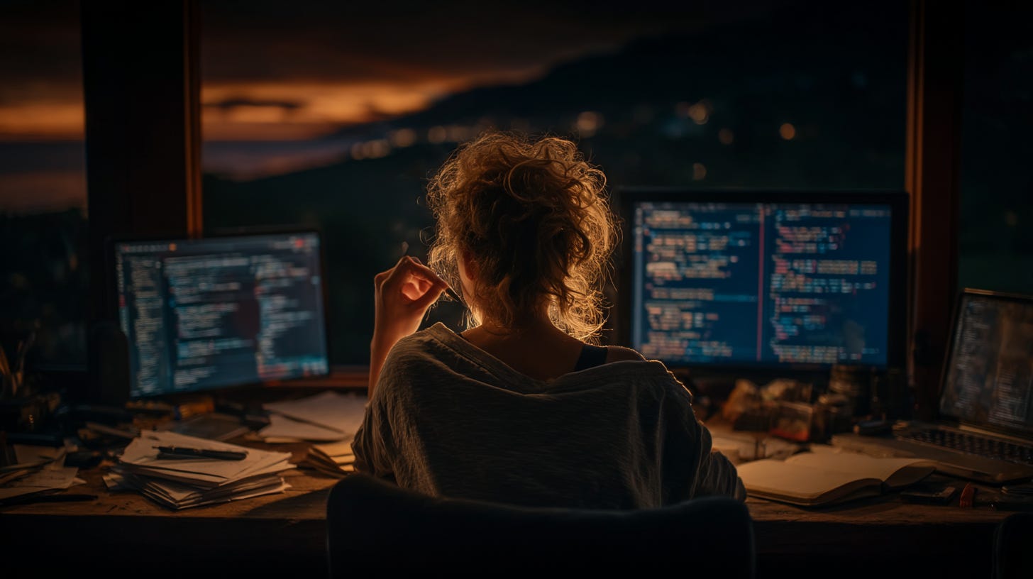A developer sitting at a cluttered desk with multiple monitors displaying different code editors and frameworks