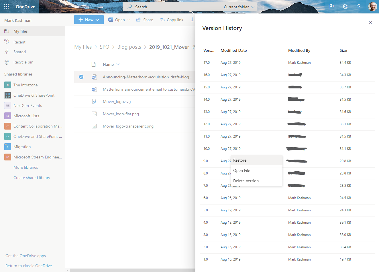 Right-click and select Version history to restore from a previous iteration of a file or list item in OneDrive (pictured), SharePoint, or Teams in Microsoft 365. Right-click and select Version history to restore from a previous iteration of a file or list item in OneDrive (pictured), SharePoint, or Teams in Microsoft 365.
