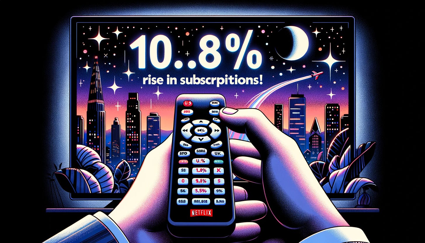Illustration: A close-up of a hand holding a remote control pointing at a TV screen. On the screen, there's a splash notification with the text '10.8% Rise in Subscriptions!' and small subtitles highlighting the price changes for U.S., U.K., and France. The background has a city skyline transitioning into night, with bright stars symbolizing the 12% rise in shares and a subtle moon in the shape of the Netflix 'N' logo. Illustration: A close-up of a hand holding a remote control pointing at a TV screen. On the screen, there's a splash notification with the text '10.8% Rise in Subscriptions!' and small subtitles highlighting the price changes for U.S., U.K., and France. The background has a city skyline transitioning into night, with bright stars symbolizing the 12% rise in shares and a subtle moon in the shape of the Netflix 'N' logo.