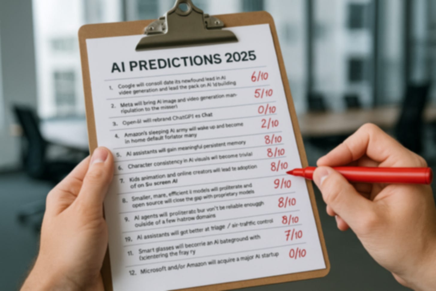 AI-generated image showing AI predictions graded in red pen on a clipboard