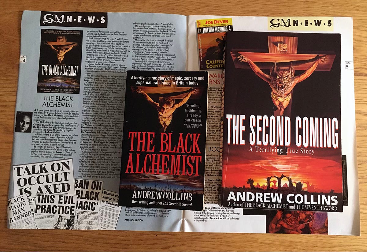 Front cover of The Black Alchemist and The Second Coming by Andrew Collins, next to a magazine article about the book