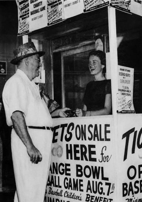 Ticket booth on August 5, 1956, for the game played two days later in the Orange Bowl. Courtesy of the Miami Herald, photographer not listed. Ticket booth on August 5, 1956, for the game played two days later in the Orange Bowl. Courtesy of the Miami Herald, photographer not listed.