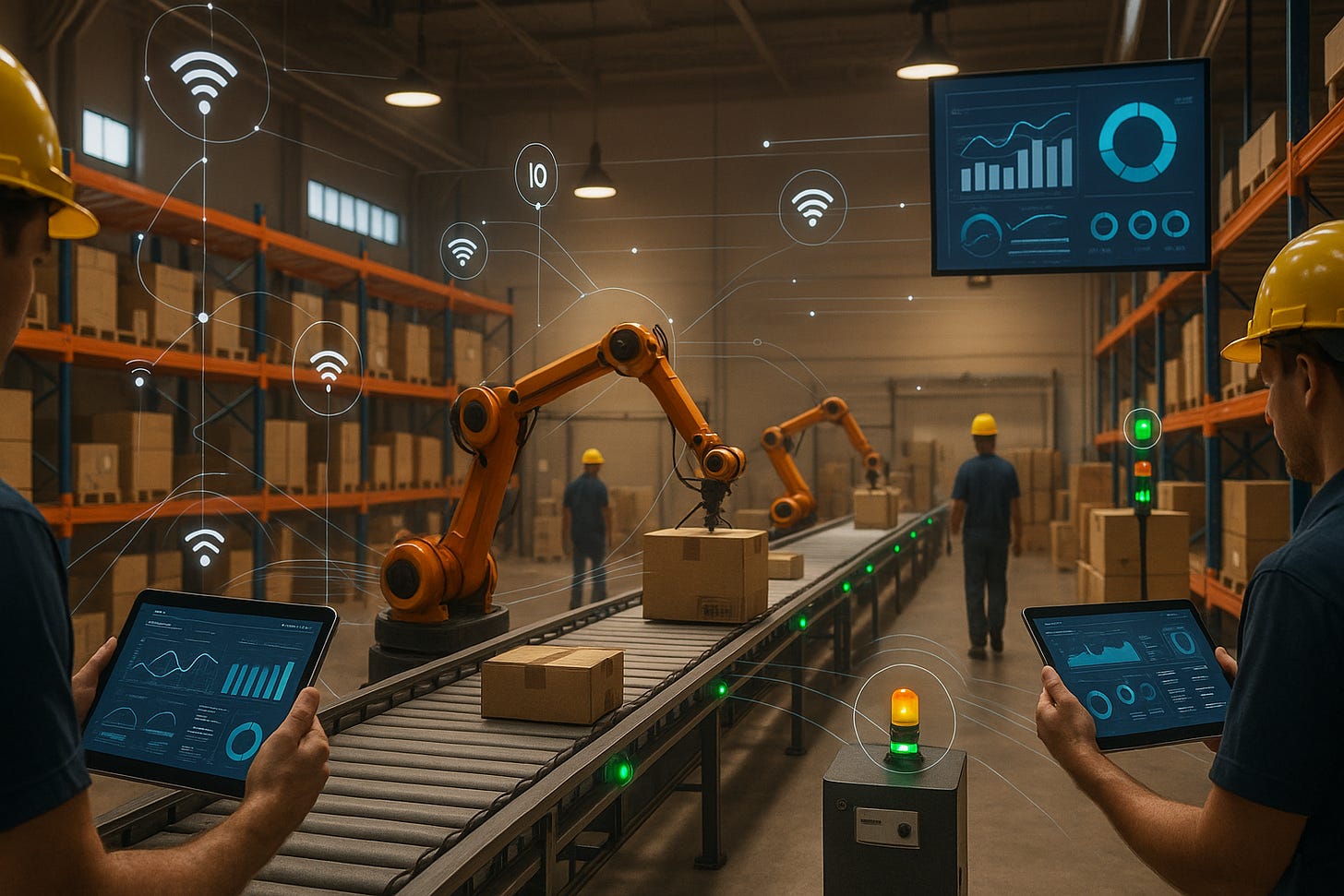 Smart factory with robotic arms on a conveyor belt, workers using tablets, and IoT-connected systems. 