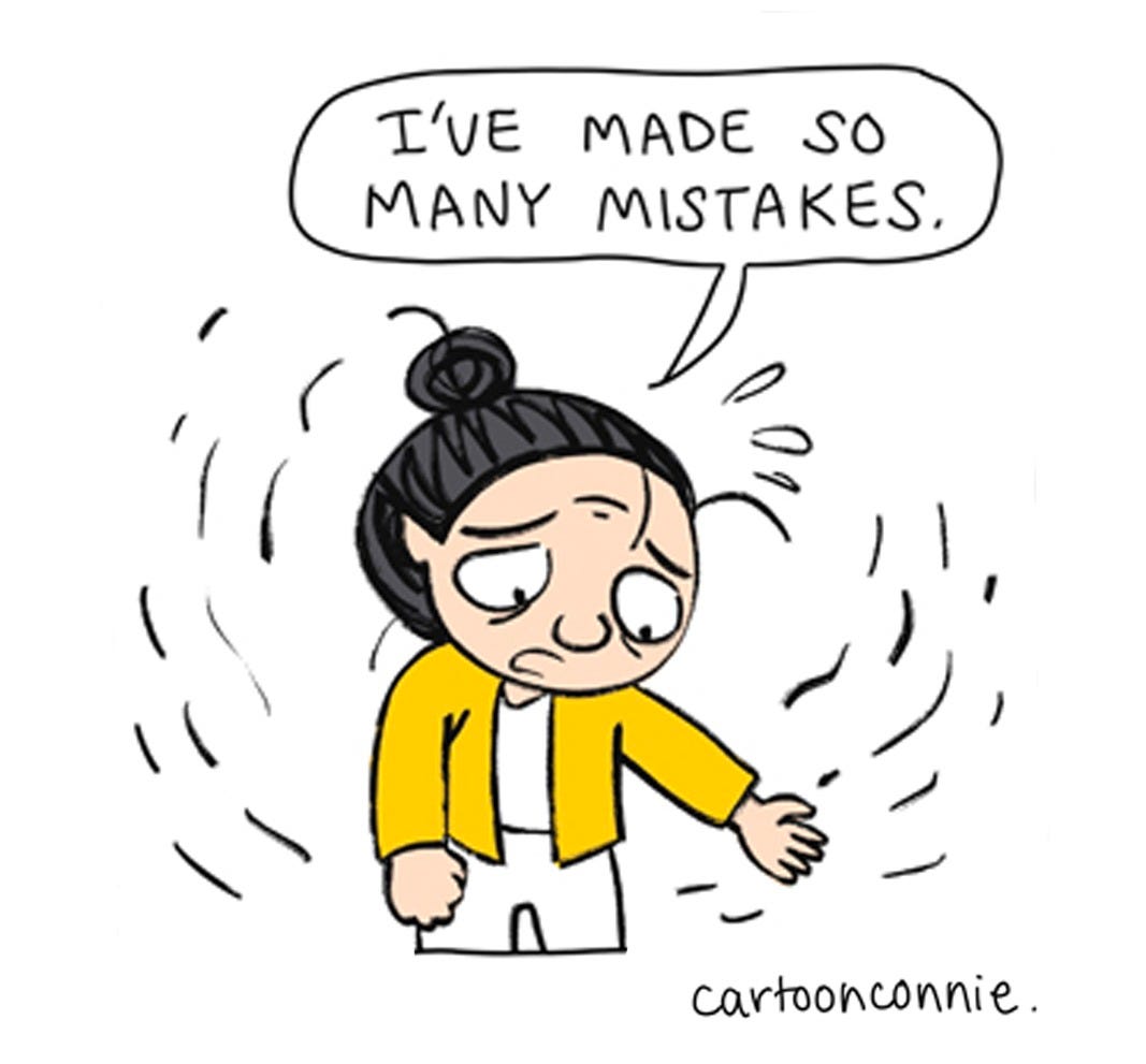 Panel 1 of a 6-panel comic strip about our mistakes and imperfections and how they make us unique and give us style. Titled "All My Mistakes," 2026, by Connie Sun, cartoonconnie.