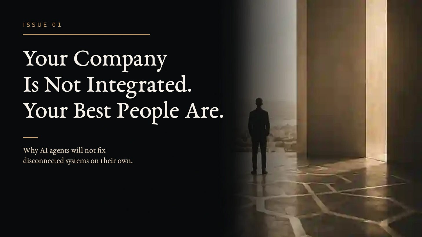 Cinematic editorial cover showing fragmented architectural paths converging through one human coordination point, representing the hidden integration work carried by the company’s best people.