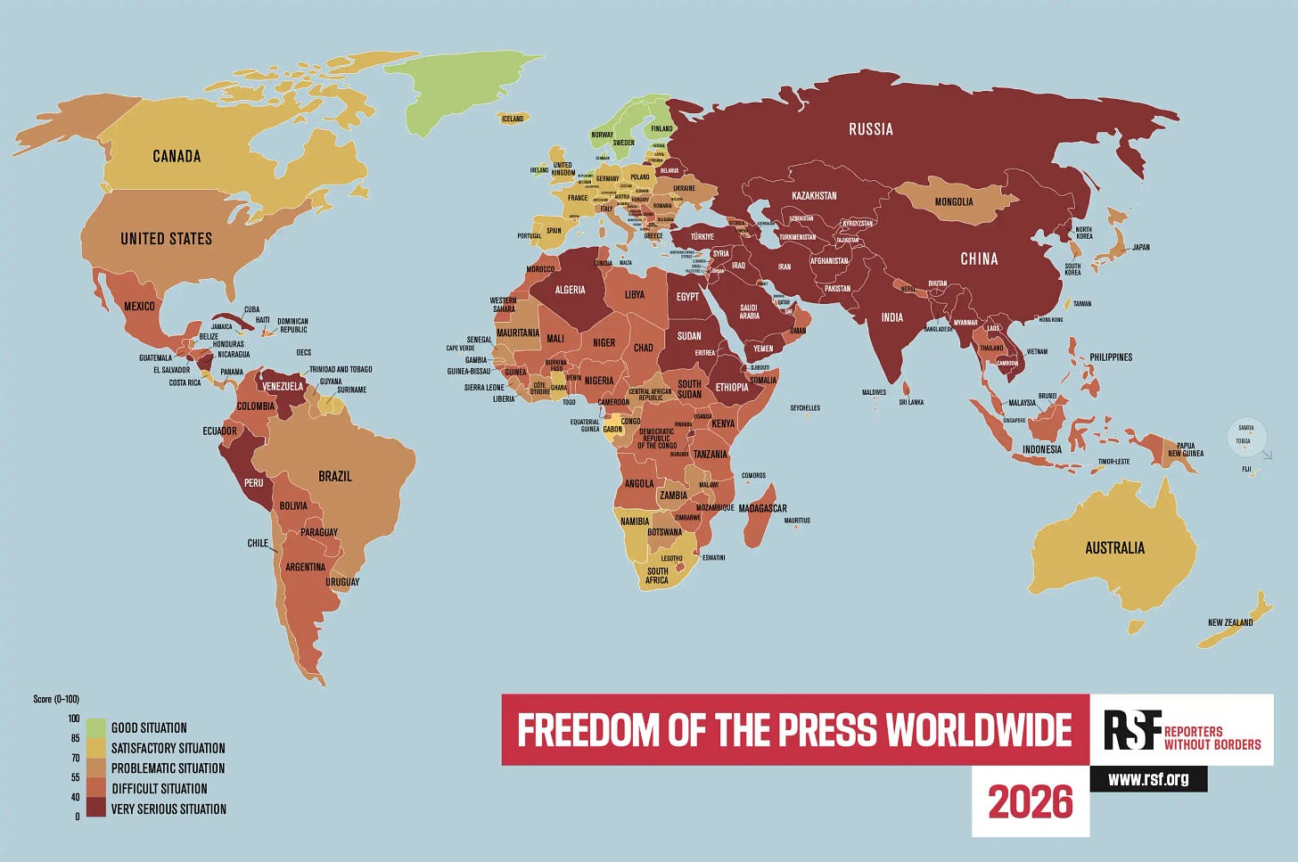 RSF Freedom of the Press Worldwide global map.