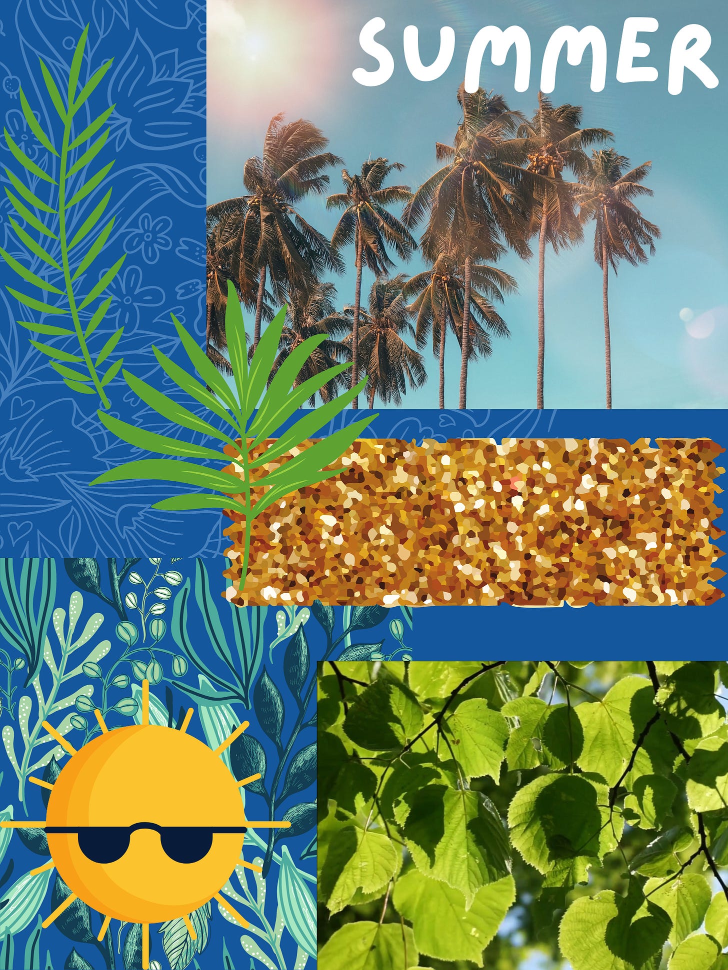 Summer digital mood board with photos, graphics, and drawings related to summer