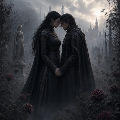 Clarion and Fleetwood standing close in a misty Barovian garden, nearly equal height with Clarion just an inch taller, hands clasped