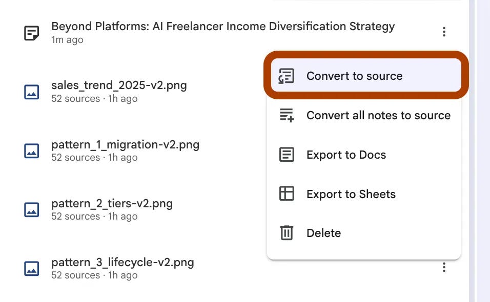 NotebookLM notes menu with Convert to source highlighted for the diversification strategy note NotebookLM notes menu with Convert to source highlighted for the diversification strategy note