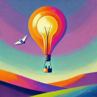 An artistic representation of a light bulb shaped like a hot air balloon, floating above colorful hills, with two figures seated in a basket and a paper crane flying nearby.