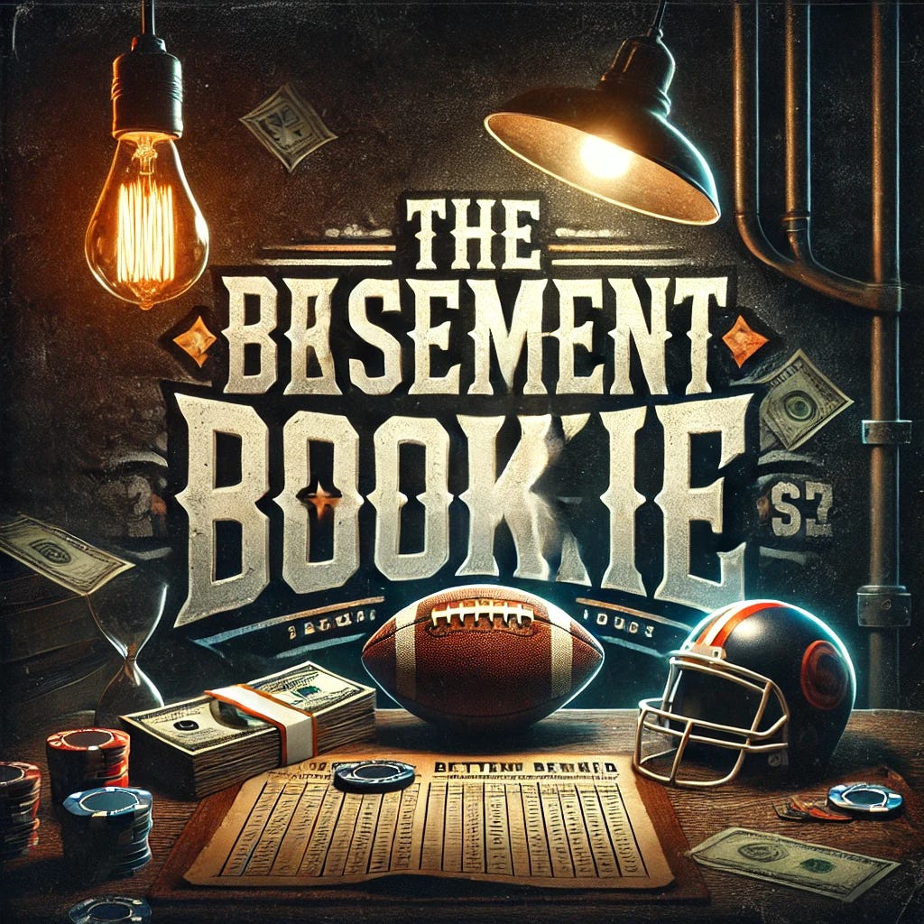 A gritty and dynamic logo-style image for 'The Basement Bookie.' The design features a dark, moody basement setting with elements like a worn betting ledger, dollar bills scattered on a table, and a flickering hanging lightbulb. A pair of dice and a stack of poker chips are placed next to a vintage football helmet, representing the sports betting theme. The text 'The Basement Bookie' is prominently displayed in bold, edgy fonts with a subtle neon glow effect, capturing the underground vibe.