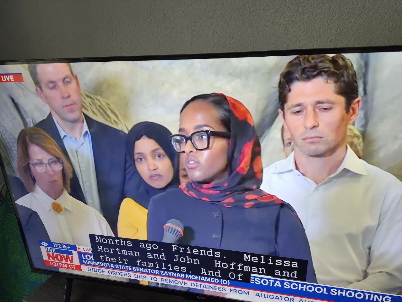 May be an image of 4 people, television, newsroom and text that says 'LIVE G 122 122.1k+ Ik+ NOW 1:31 1:31PM PM CT Months Hortman ago. LIVE Hor LO( o(their thei and Friends. fami DTASTATESENATORZAVES. lies John JUDGE MINNESOTA ORDERS DHS TO RZAYNABMOHAMED (D) Of ESOTA SCHOOL SHOOTING And Hoffman Melissa and REMOVE DETAINEES FROM ALLIGATOR'