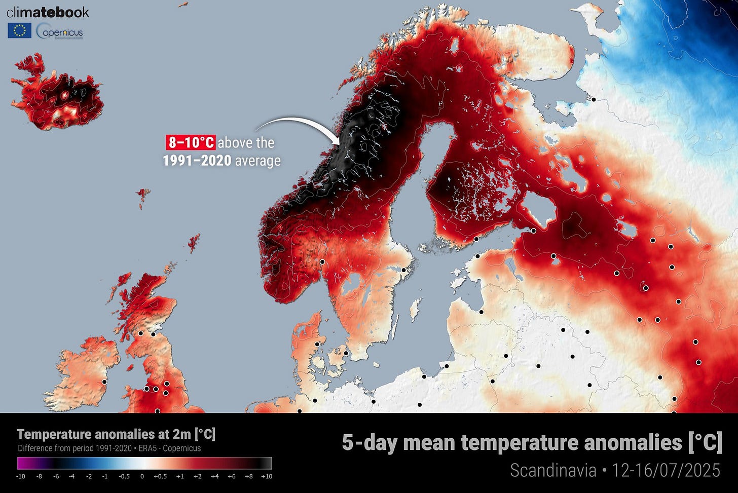 Peut être un graphique de tornade, carte et texte qui dit ’climatebook opernicus 8-10℃ 8-10°Cabovethe above the 1991-2020 1991- average Temperature anomalies Temperatureanomaliesat2mPcl at 2m [C】 EHA 5 5-day mean temperature anomalies [℃] Scand Scandinavia·12-16/07/2025 Scandinavia• inavia 2-16/07/2025’