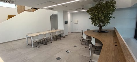 The fifth floor is designated for coworking, where users can reserve spaces to work in groups.