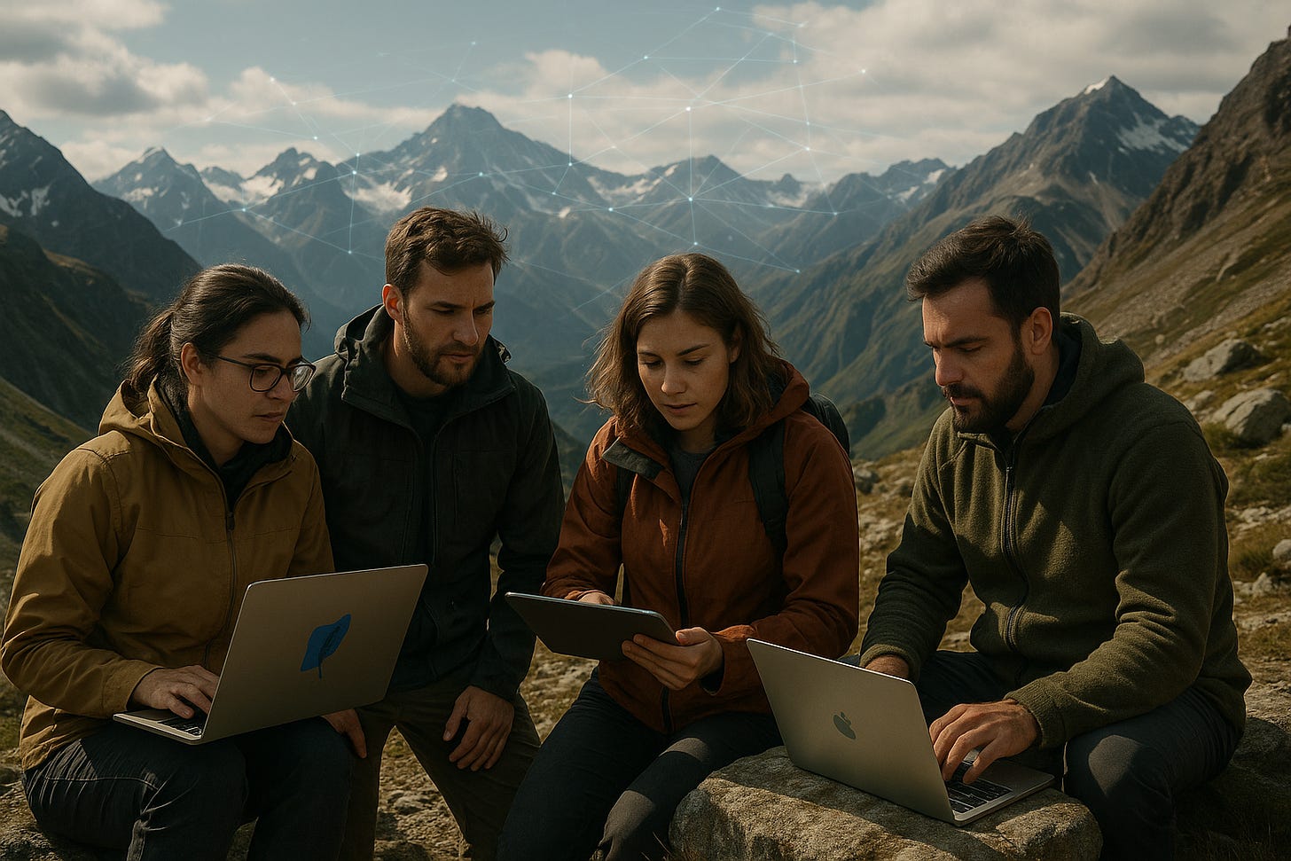 Four people working on laptops and a tablet in the mountains, symbolizing remote tech collaboration. Four people working on laptops and a tablet in the mountains, symbolizing remote tech collaboration.