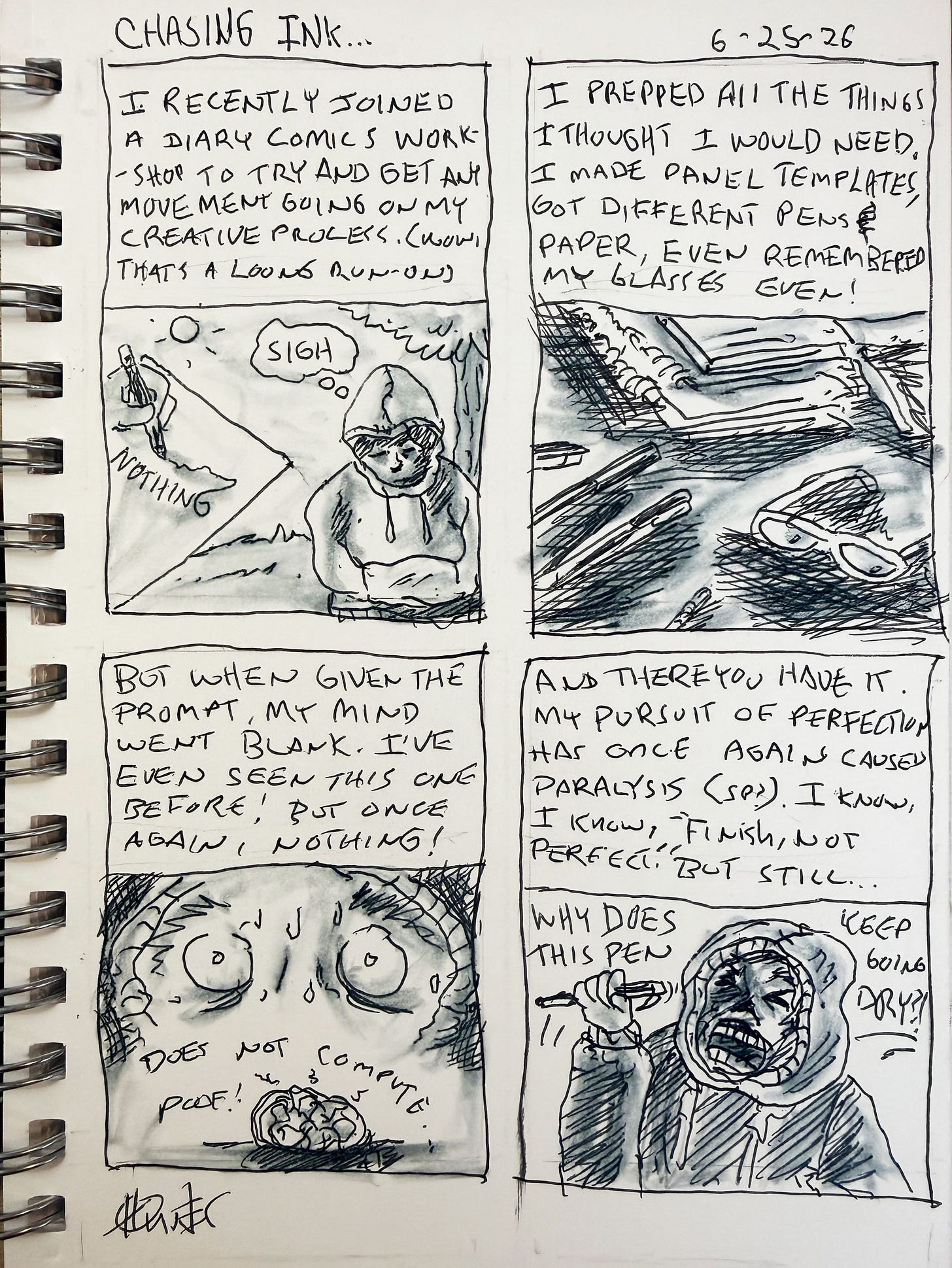 JM Hunter, ink diary comic, art process. Panel 1 text reads: “I recently joined a diary comics workshop to try and get any movement going on my creative process.” Panel 2 text reads: “ I prepped all the things that I thought I would need. I made panel templates, got different pens and paper, even remembered my glasses even.” Panel 3 text reads, “But when given the prompt my mind went blank. I’ve even seen this one before! But once again, nothing!” Panel 4 text reads: “ And there you have it my pursuit of perfection has once again caused paralysis (so?). I know, I know. Finish, not perfect. But still.” 