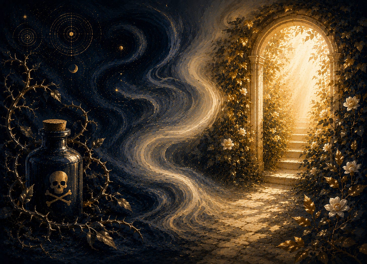 A symbolic fantasy illustration in deep navy, cream, and gold. On the left, a dark poison bottle wrapped in thorny vines sits beneath swirling celestial patterns and flowing ribbons of light. On the right, a radiant stone archway opens into a luminous garden filled with climbing vines, white flowers, and warm golden light. The contrasting scene represents the power of words to either poison or bring life, blending darkness and hope in a rich, painterly composition.